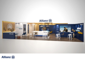 Photo du stand Allianz, réalisé par In'Pulsion, fabricant de stand. Un espace de vente et de partage.