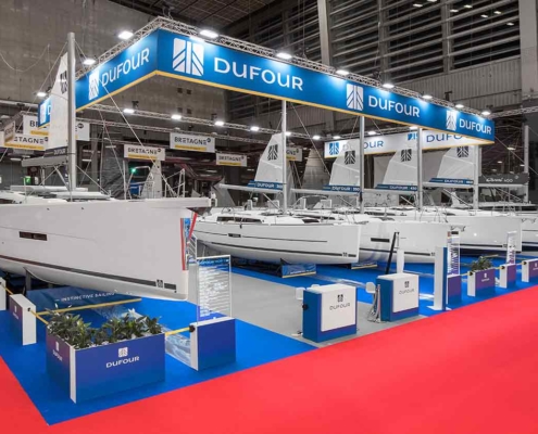 Photo de bateaux Dufour sur un stand sur mesure conçu par In'Pulsion