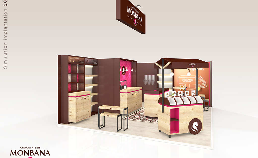 esquisse d'un stand d'exposition réalisé pour la société MONBANA par In'Pulsion