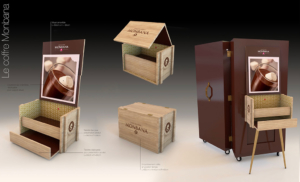 esquisse d'éléments de stand d'exposition pour une mise en valeur des produits et des services. In'Pulsion pour Monbana