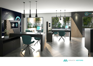 Agencement boutique, esquisse de l'intérieur d'une boutique Atraktiv Motors, un design In'Pulsion