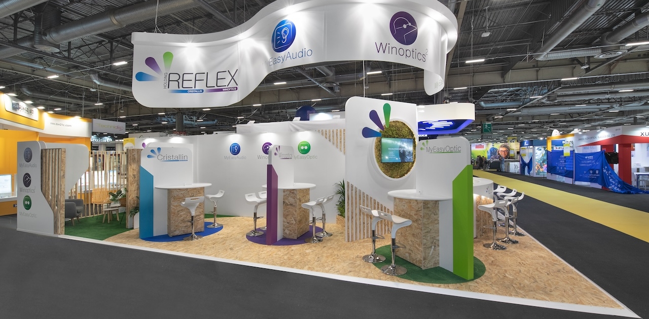 Photo d'un stand réalisé par In'Pulsion pour le Groupe REFLEX, spécialisé en logiciel pour les métiers d'optique, stand SILMO
