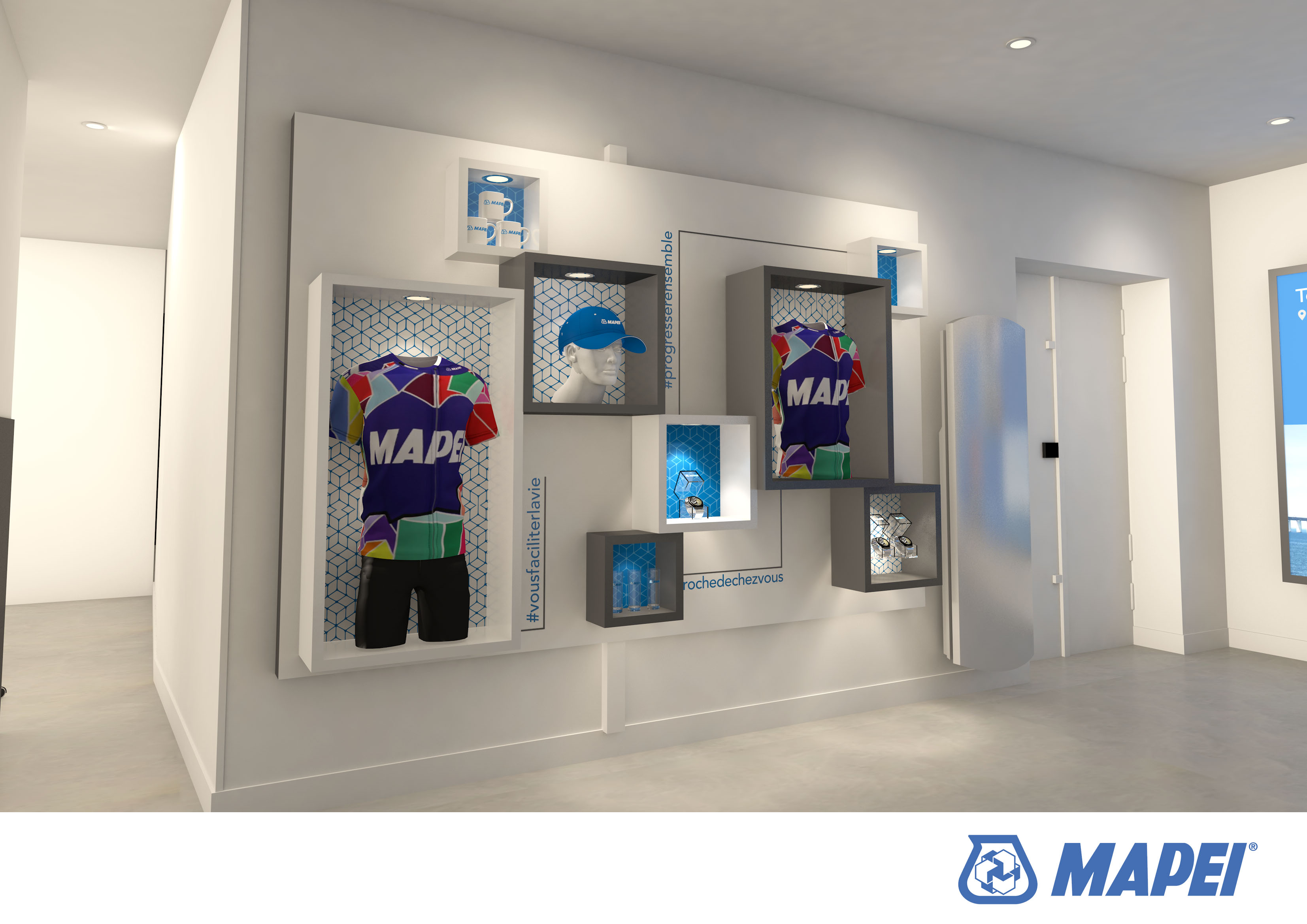 Photo de la réalisation, du showroom design de MAPEI, réalisé par In'Pulsion