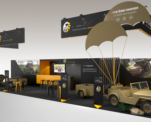 Esquisse d'un stand Eurosatory proposé par l'expert concepteur In'Pulsion