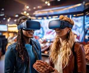 Stand sur mesure innovant de chocolats : 2 jeunes avec casques réalité virtuelle