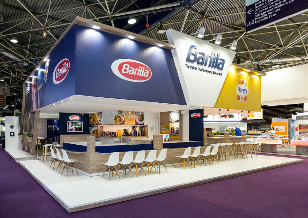 Agencement stand SIRHA(1) photo d'un stand événementiel réalisé sur mesure par InPulsion pour le Groupe Barilla, au salon SIRHA à Lyon