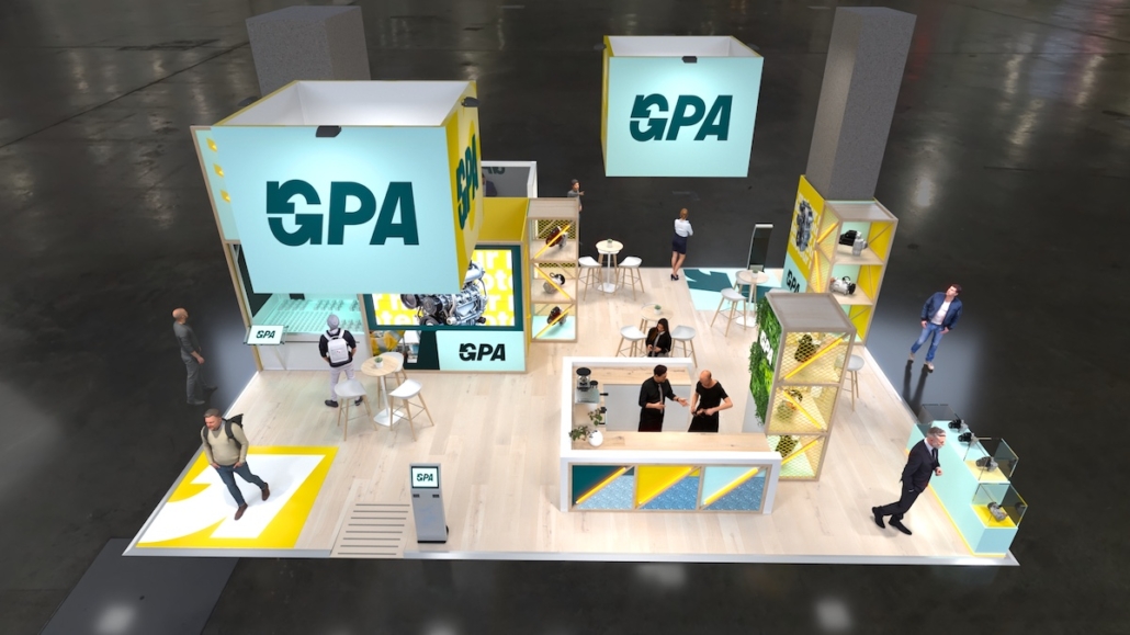 Salon EQUIP AUTO photo du stand EquipAuto imaginé par In'Pulsion pour le spécialiste des pièces auto d'occasion GPA. Un beau stand de série