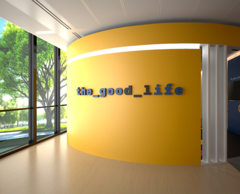 Photo de l'accueil du futur Siège de Microsoft France, designé par In'Pulsion, créateur d'aménagement accueil entreprise