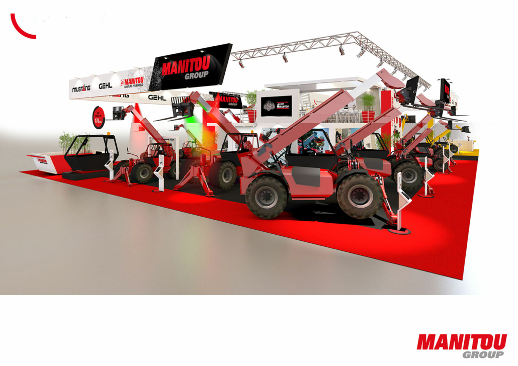 Esquisse d'un stand Manitou, Stand INTERMAT sur mesure avec machines de chantier exposées à Paris-Nord Villepinte